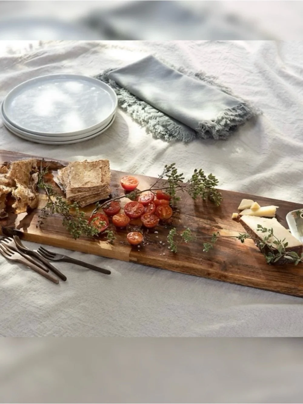 Crate and Barrel Handcrafted Acacia Wood Serving Board - 36” Natural Brown